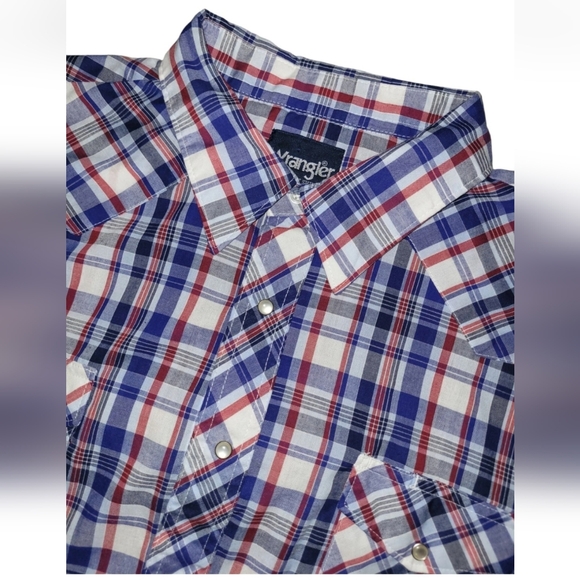 Wrangler Other - Wrangler Western Shirt Mens Size 3X Pearl Snaps Blue Red Plaid Short Sleeves 3XL